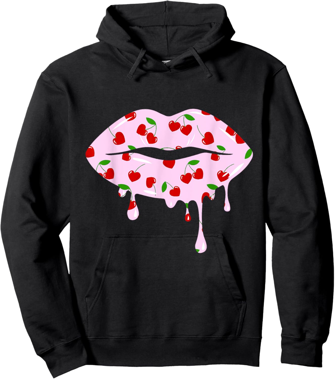 Cute Cherry Hearts Pink Dripping Lips Valentines Day Hoodie - Hoodie | Black