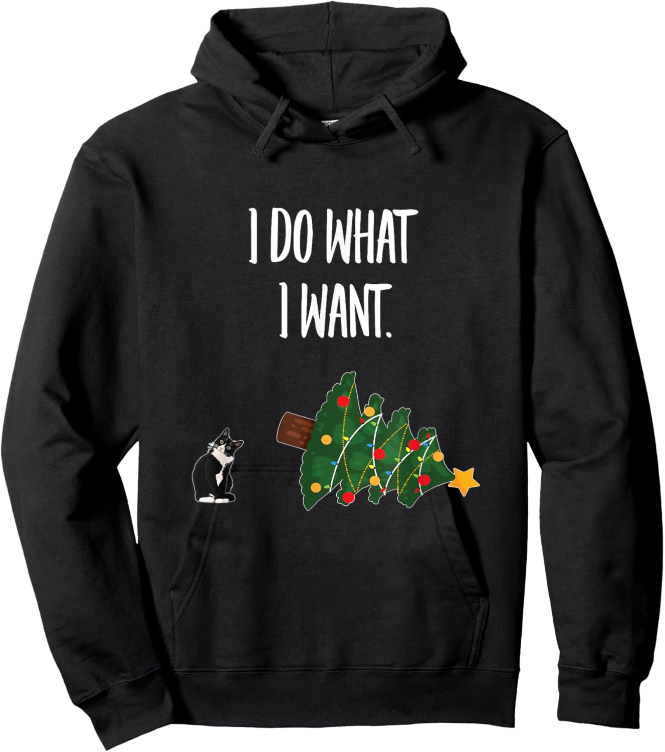 Tuxedo Cat Knocking Over Christmas Tree - I Do What I Want Men Women Hoodie - Hoodie | Black