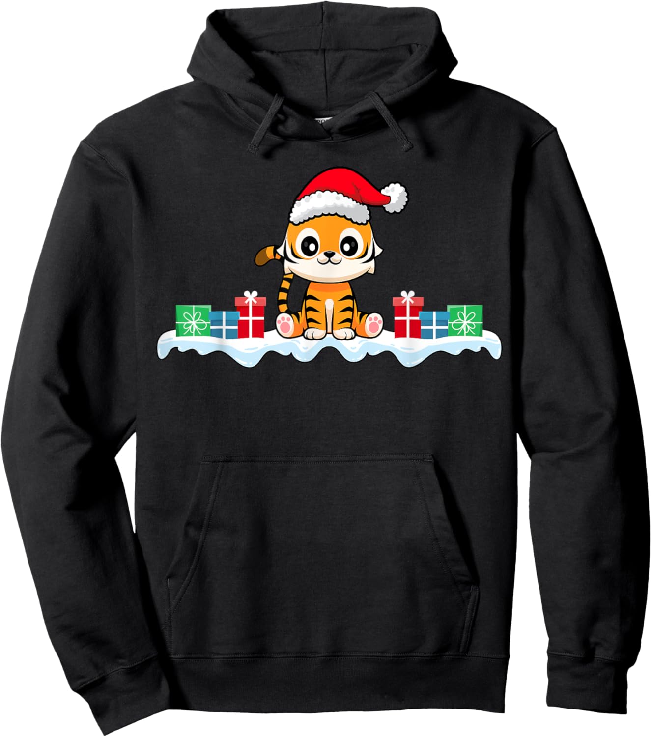 Kawaii Tiger Wearing Santa Hat Xmas Tiger Lover Christmas Hoodie - Hoodie | Black