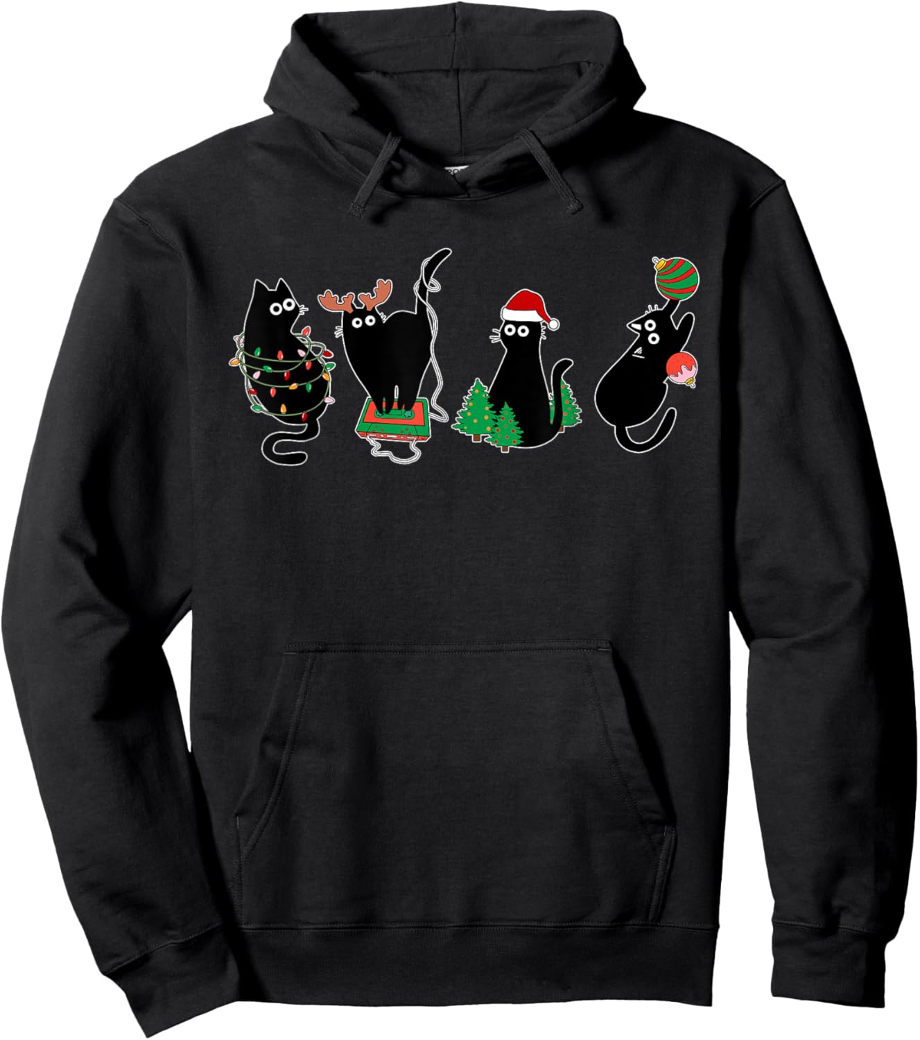 Black Cat Lover Family Xmas Christmas Pajama Matching Women Kids Hoodie - Hoodie | Black