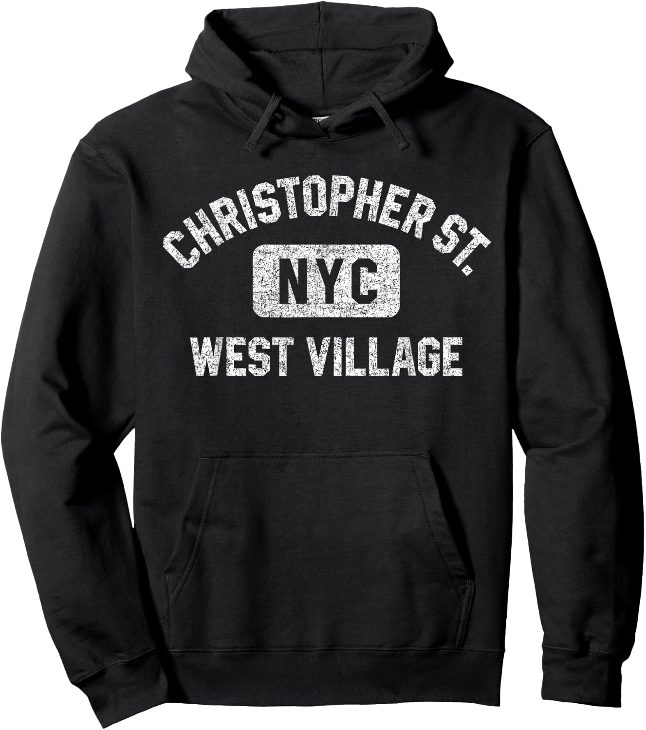 Christopher St West Village Gym Style Distressed White Print Hoodie - Hoodie | Black