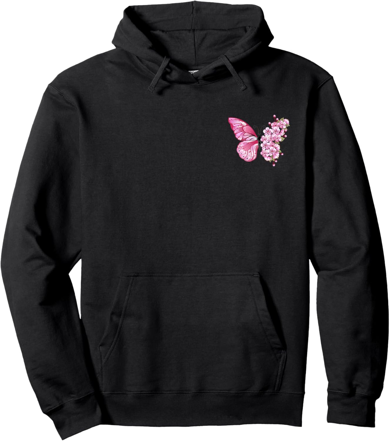 Butterfly With Cherry Blossom Wing Sakura On Chest And Back Hoodie - Hoodie | Black