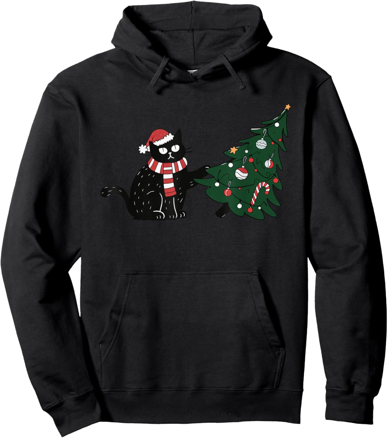 Cat Pushing Christmas Tree Women Kids Hoodie - Hoodie | Black