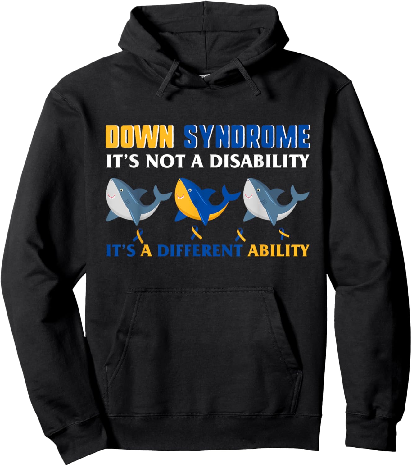 Down Syndrome Mom Awareness Love Yellow Blue Ribbon Shark Hoodie - Hoodie | Black