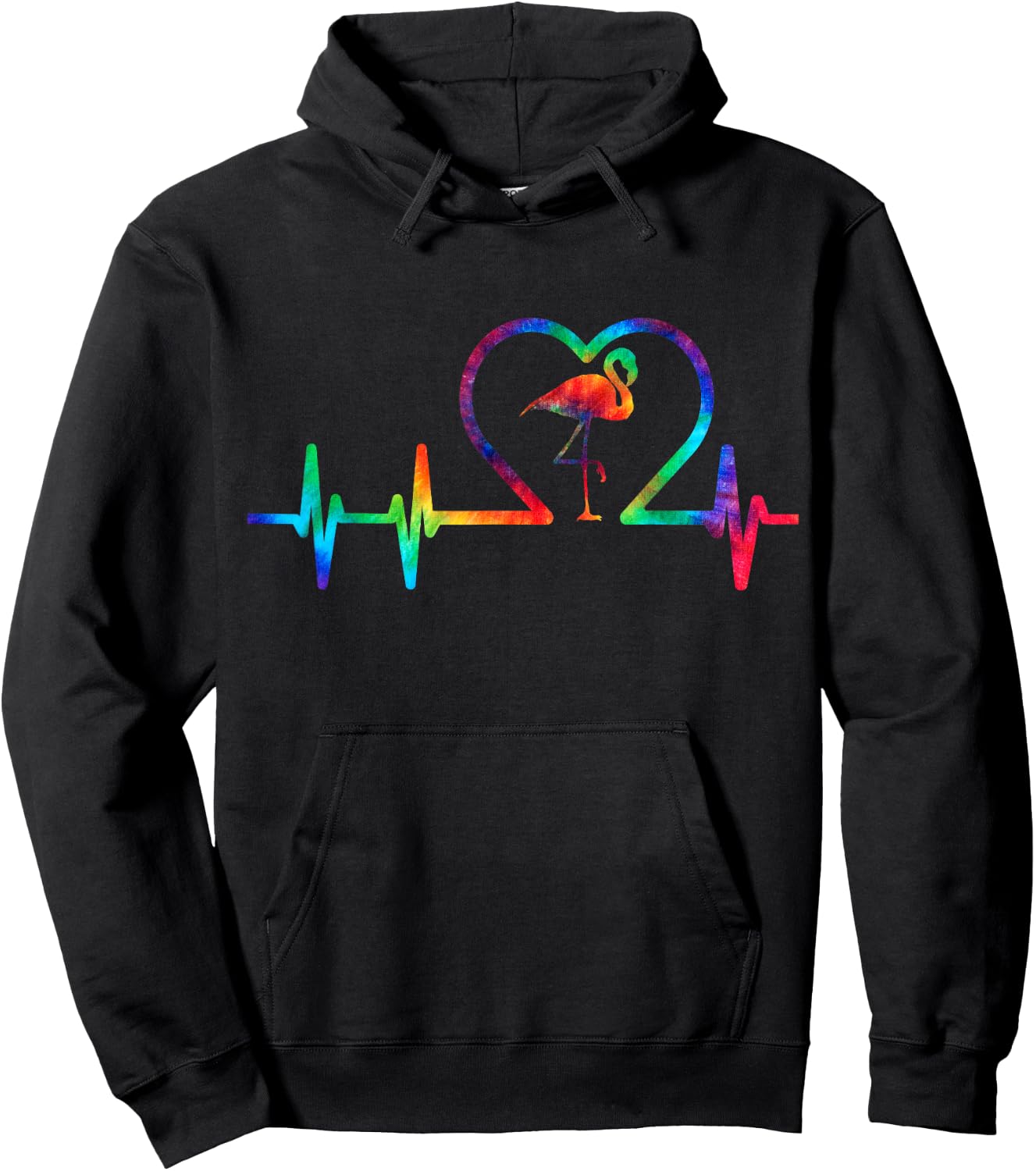 Tie Dye Flamingo Lovers Heartbeat Colorful Heart Rainbow Hoodie - Hoodie | Black