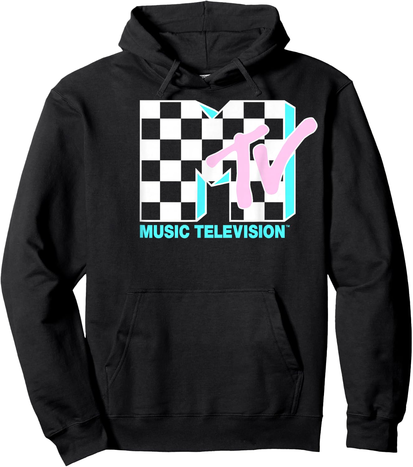 MTV Neon Checkered Logo Graphic Hoodie - Hoodie | Black