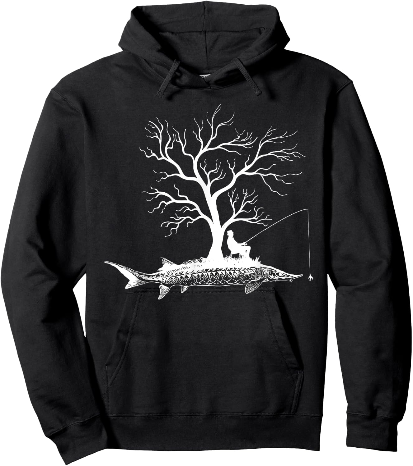 Graphic Tree Fishing Rod - Fish Sturgeon Fish Hoodie - Hoodie | Black