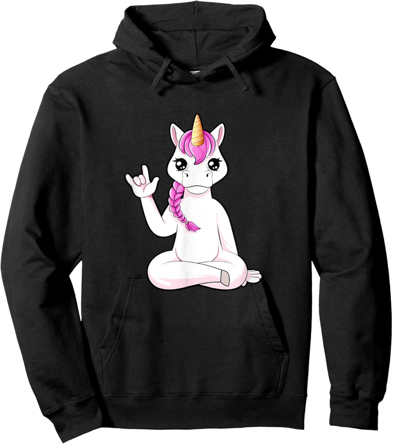 Cartoon unicorn shows I love you - ASL hand gesture Hoodie - Hoodie | Black