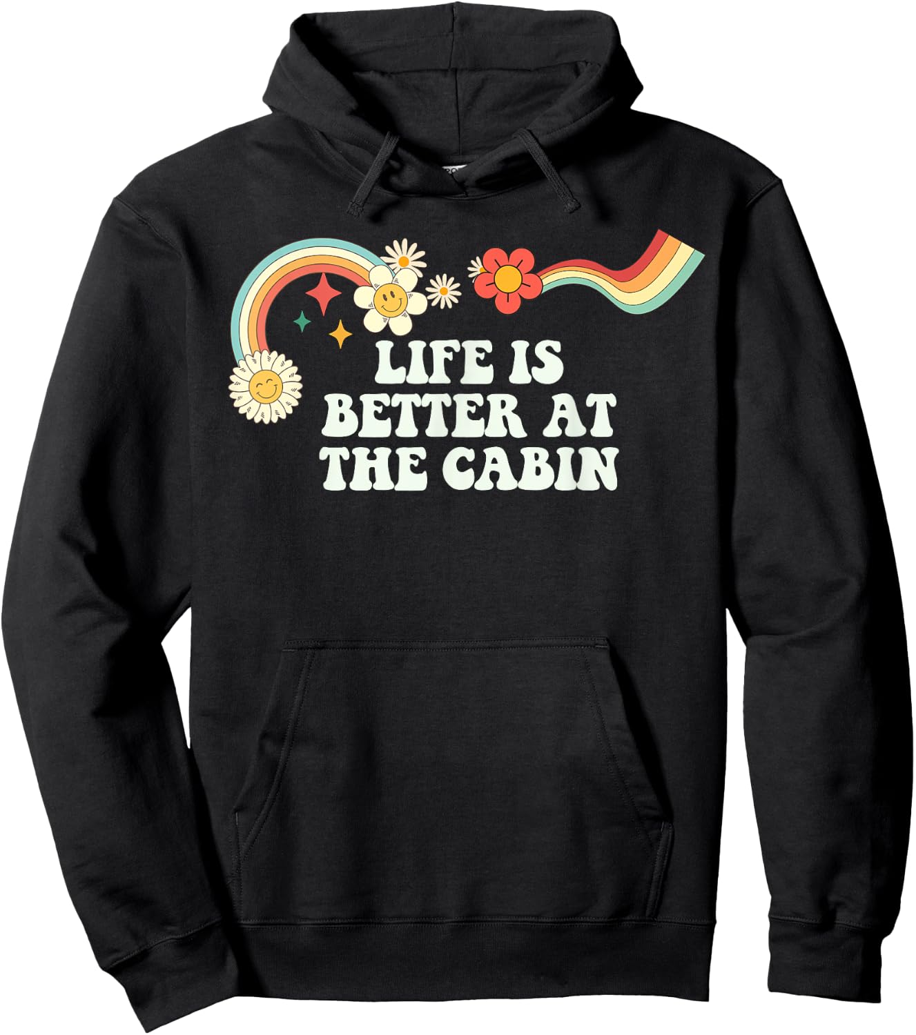 Groovy Script Funny Life is Better at the Cabin, Retro Quote Hoodie - Hoodie | Black