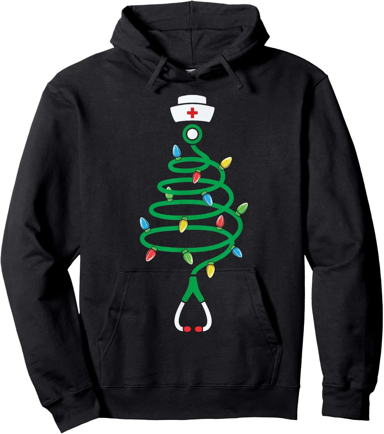 Nurse Christmas Medical Worker Designs Stethoscope Christmas Tree Lights , Adult, Black, Short Sleeve, Small Hoodie - Hoodie | Black