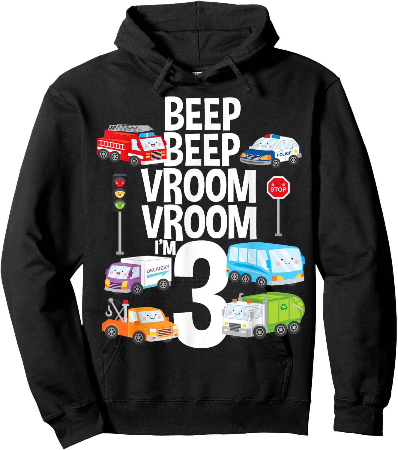 Beep Vroom I'm 3 Trucks Cars Theme Birthday Gift 3 Yrs Old Hoodie - Hoodie | Black