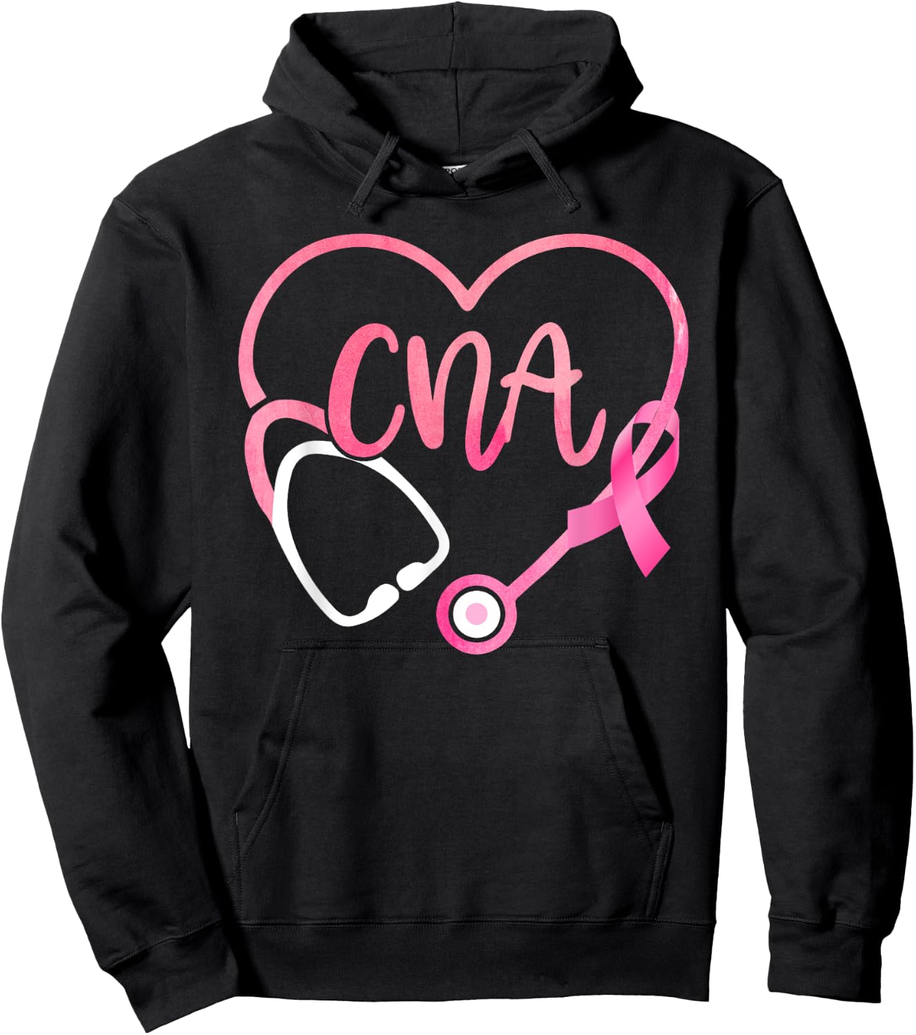 CNA Heart Stethoscope Pink Ribbon Breast Cancer Awareness Hoodie - Hoodie | Black