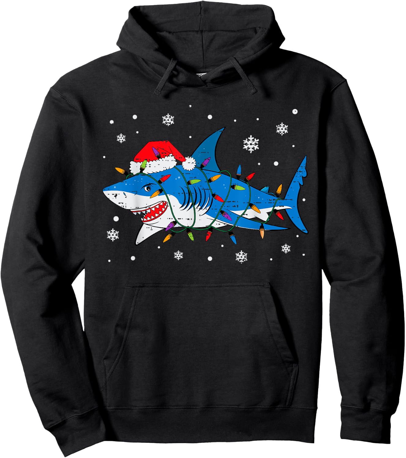 Shark Santa Hat Christmas Lights Xmas Pajama Men Women Kids Hoodie - Hoodie | Black