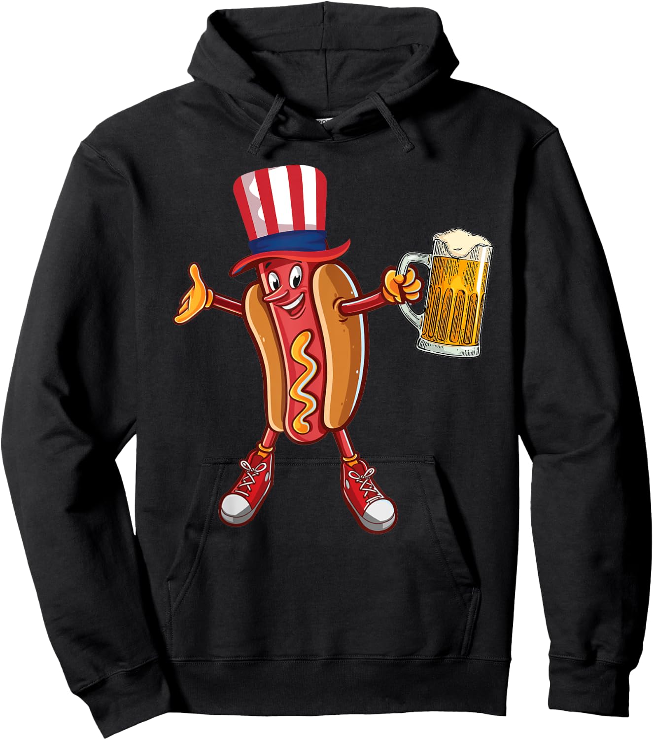 Funny Hot dog US Flag Hat Drinking Beer for 4th of July gift Hoodie - Hoodie | Black