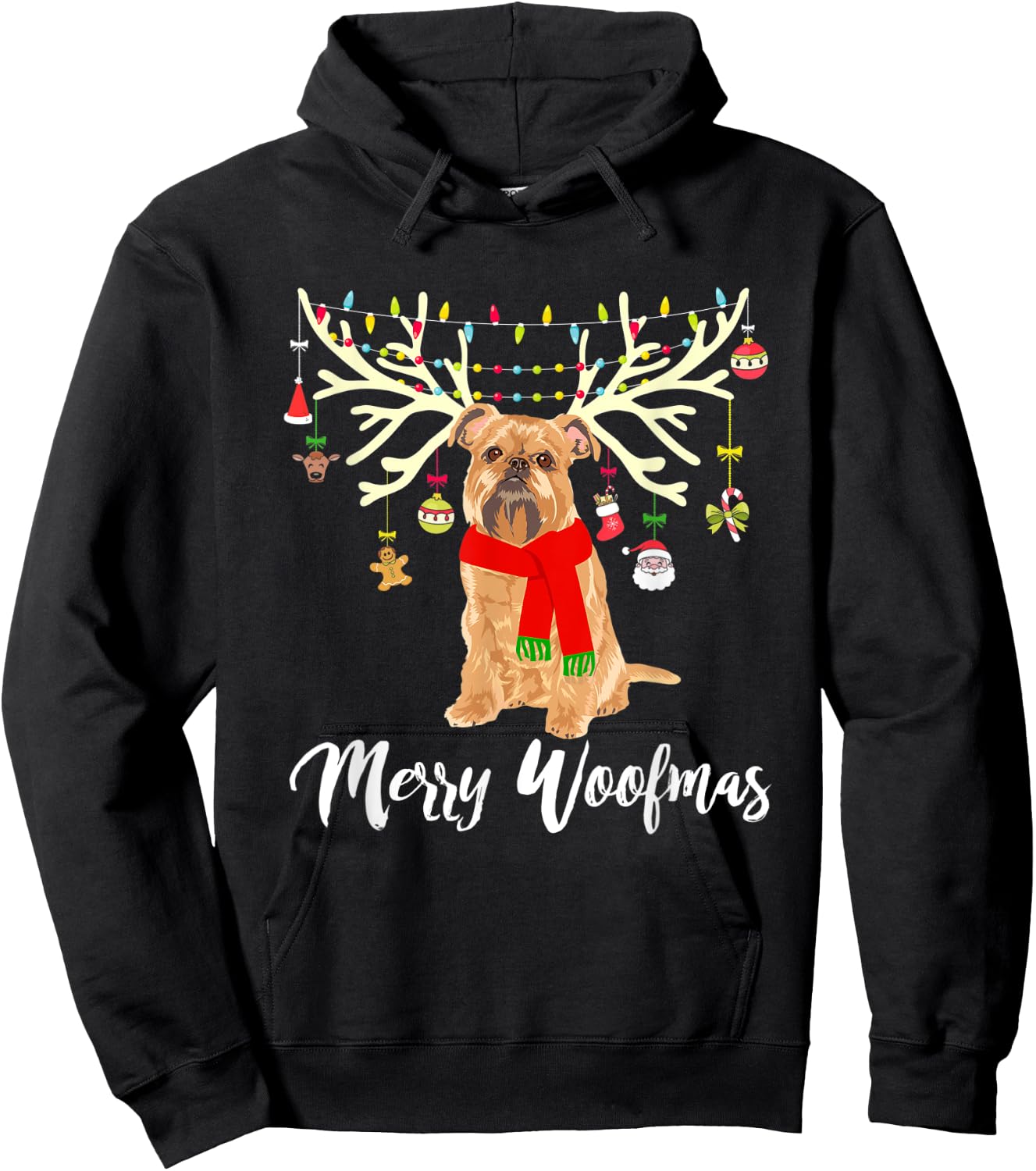 Merry Woofmas Brussels Griffon Reindeer Christmas Dog Hoodie - Hoodie | Black