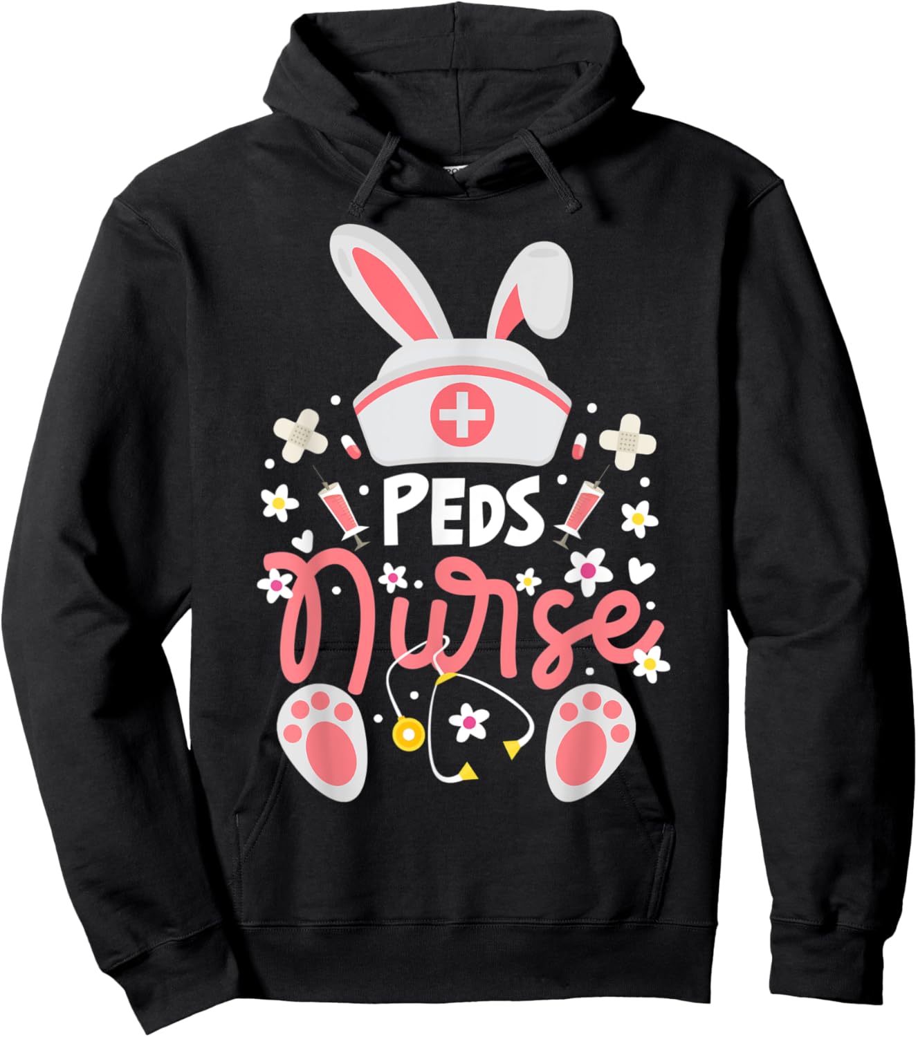 Bunny PEDS Nurse Cute Bunny Ears Hat Nurse Pediatric Nurse Hoodie - Hoodie | Black