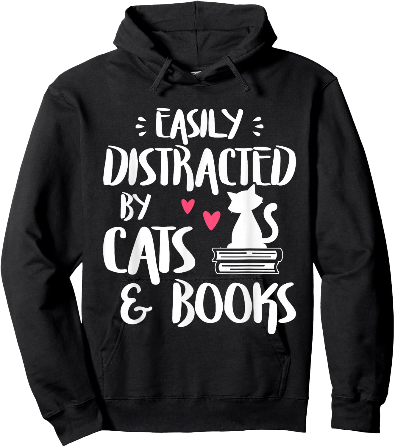 Easily Distracted by Cats and Books - Cat & Book Lover,Short Sleeve Hoodie - Hoodie | Black