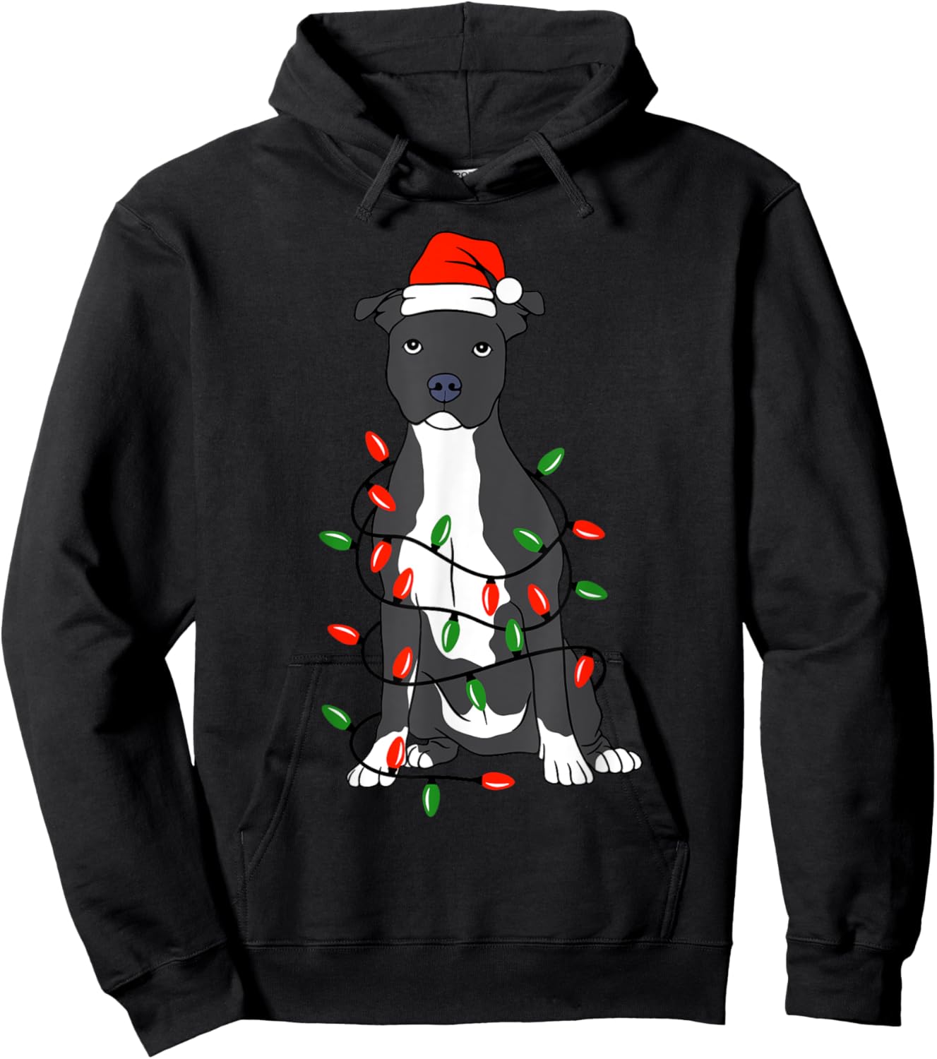 Pittie Pitbull Christmas Santa Hat Lights Xmas Dog Lover Hoodie - Hoodie | Black