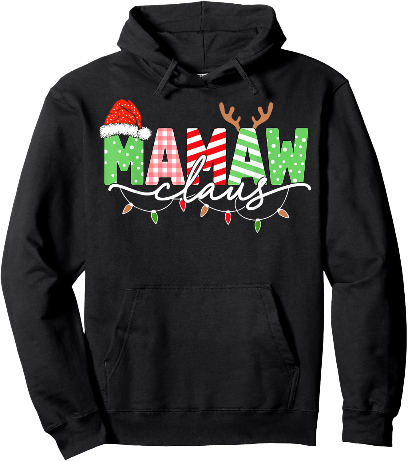 Mamaw Claus Christmas Lights Santa Hat Family Matching Hoodie - Hoodie | Black