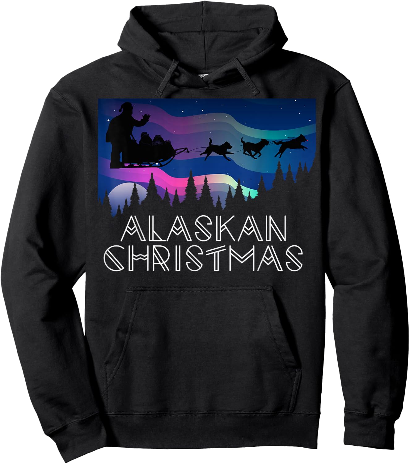 Alaskan Christmas Santa Dog Sled Aurora Borealis Women Kids Hoodie - Hoodie | Black