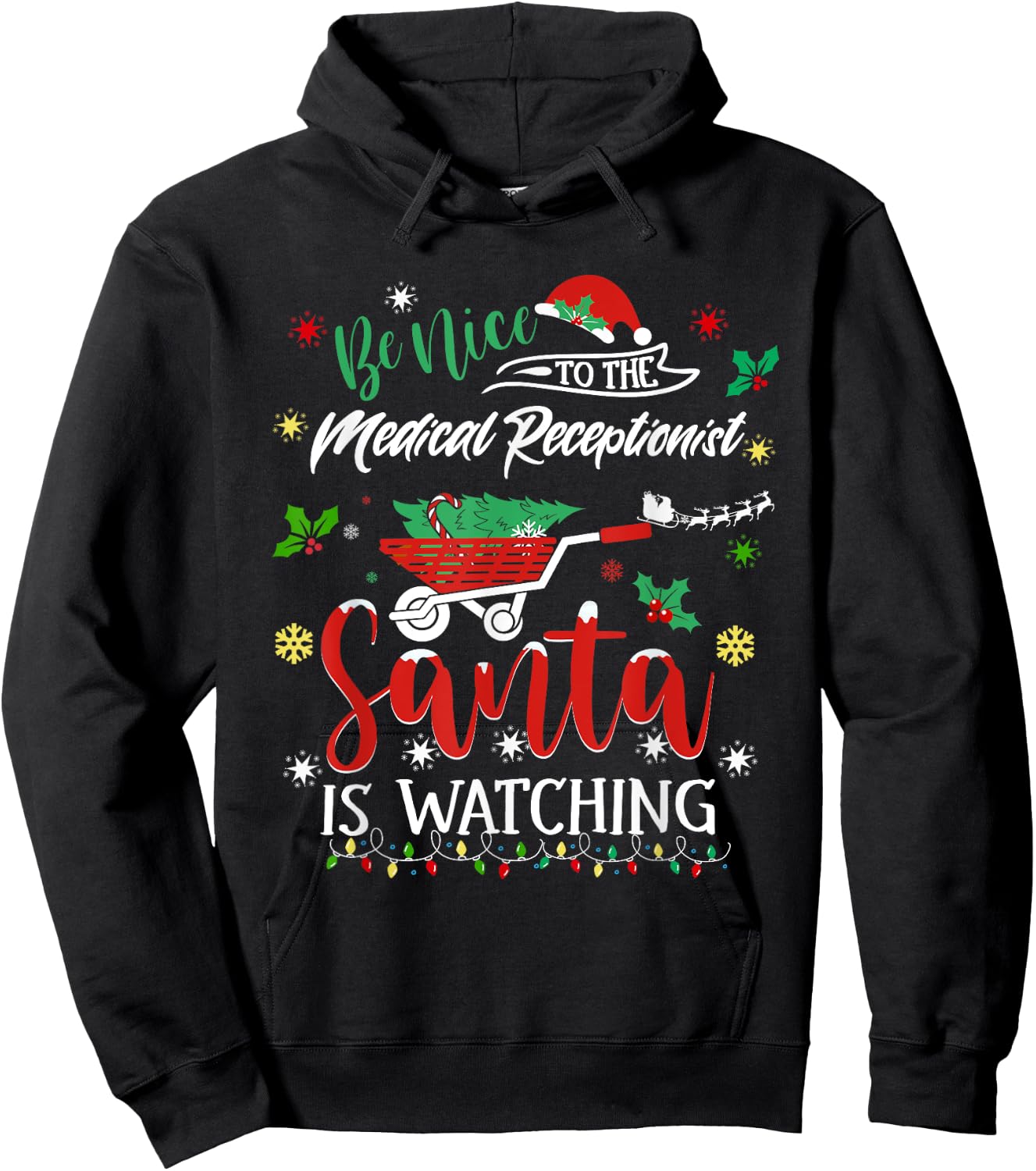 Funny Christmas Medical Receptionist Festive Holiday Pajama Hoodie - Hoodie | Black
