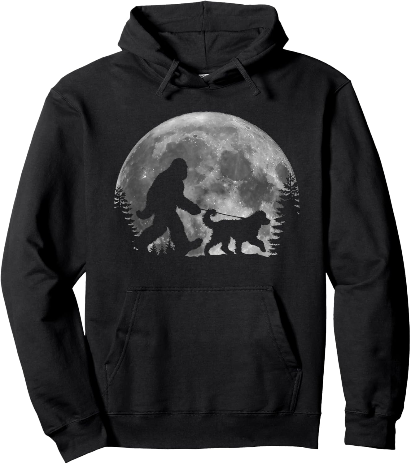 Bigfoot Walking a Dog Funny Bernedoodle Lover Moon Halloween Hoodie - Hoodie | Black