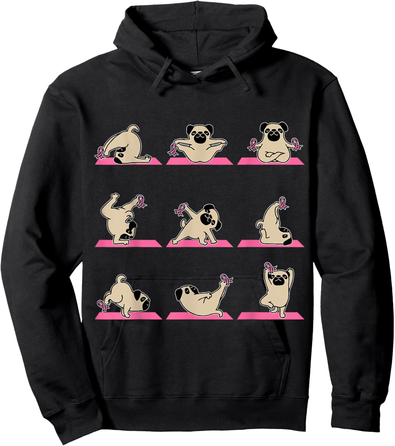 Pug Yoga Pink Ribbon Funny Dog Breast Cancer Awareness Gifts Women Kids Hoodie - Hoodie | Black