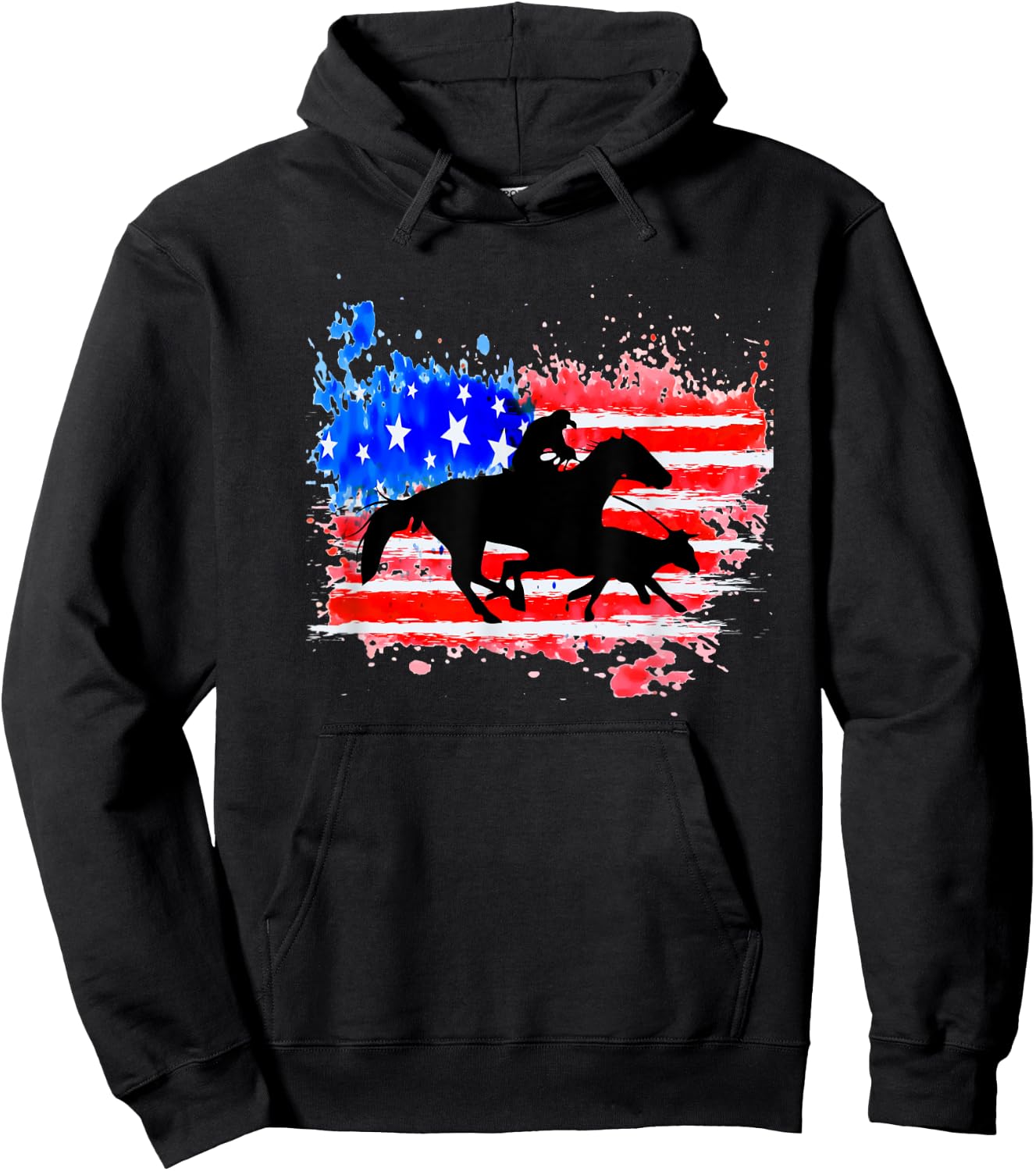 American Flag Cowhorse Horse Calf Roping Hoodie - Hoodie | Black