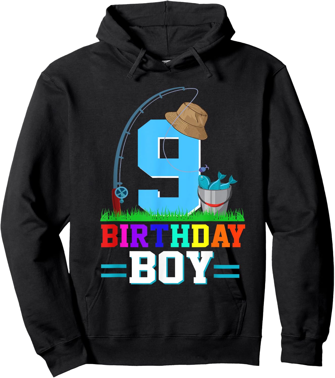 9 Year Old Fishing 9th Birthday Boy Bday Party Decorations Hoodie - Hoodie | Black