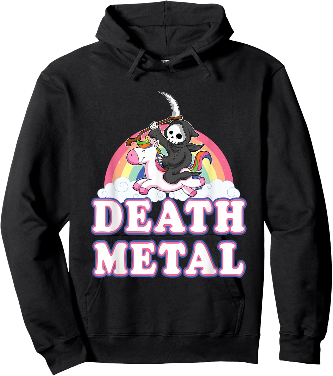 Death Metal Rock Music Rainbow Grim Reaper Riding Unicorn Hoodie - Hoodie | Black