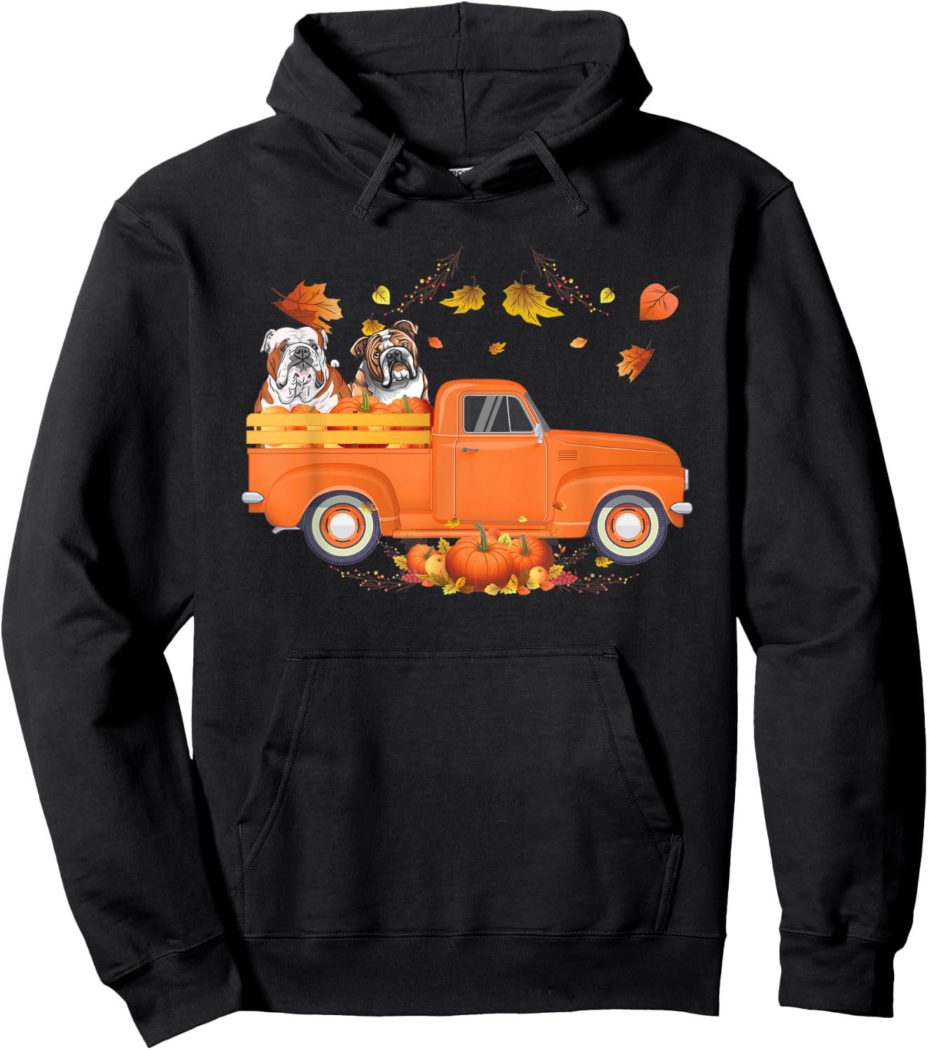 Bulldog Pumpkin Truck Fall Leaf Thanksgiving Halloween Men Women Kids Hoodie - Hoodie | Black