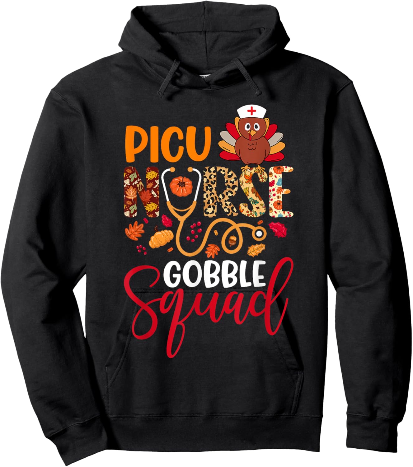 PICU Nurse Gobble Squad Thanksgiving Leopard Matching Family Hoodie - Hoodie | Black