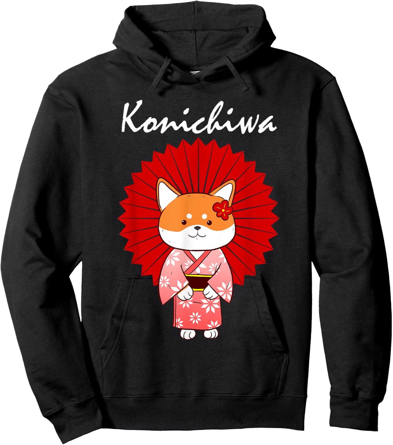 Funny Shiba Inu Uni Dog Konichiwa Kimono Flower Dress Women Girls Kids Hoodie - Hoodie | Black