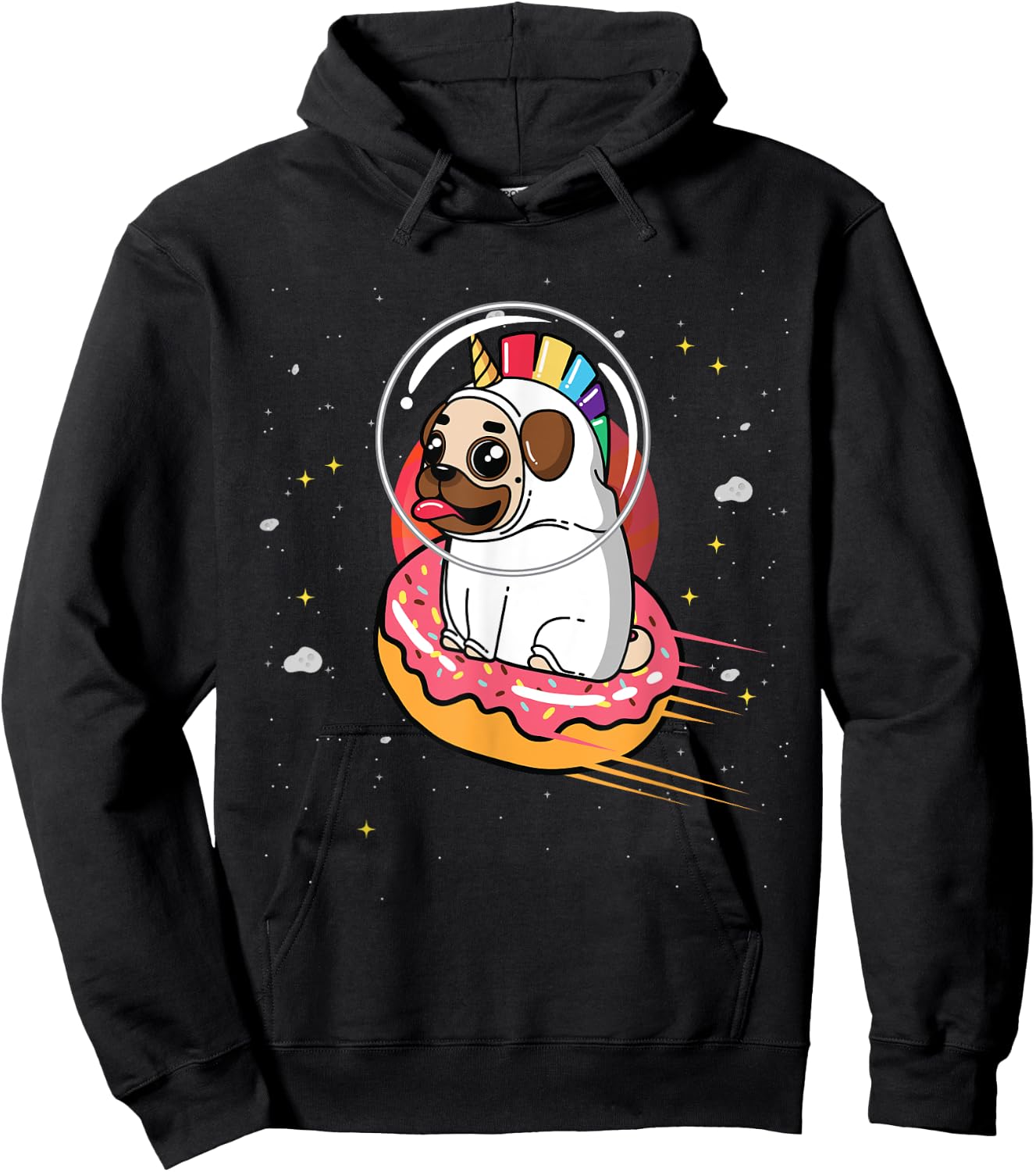 Pug in Rainbow Unicorn Costume riding Donut in Space Hoodie - Hoodie | Black