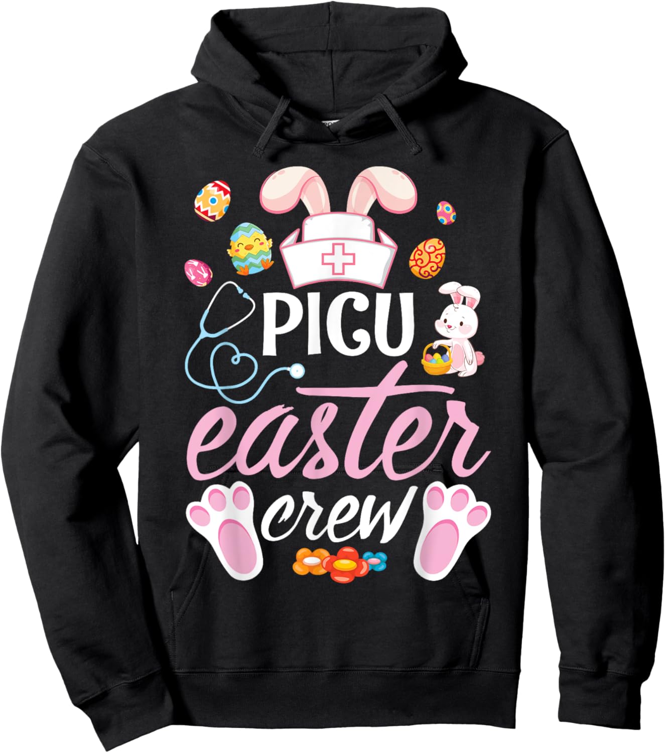 Cute Bunny Face Easter Eggs Happy Day PICU Nurse Easter Crew Hoodie - Hoodie | Black