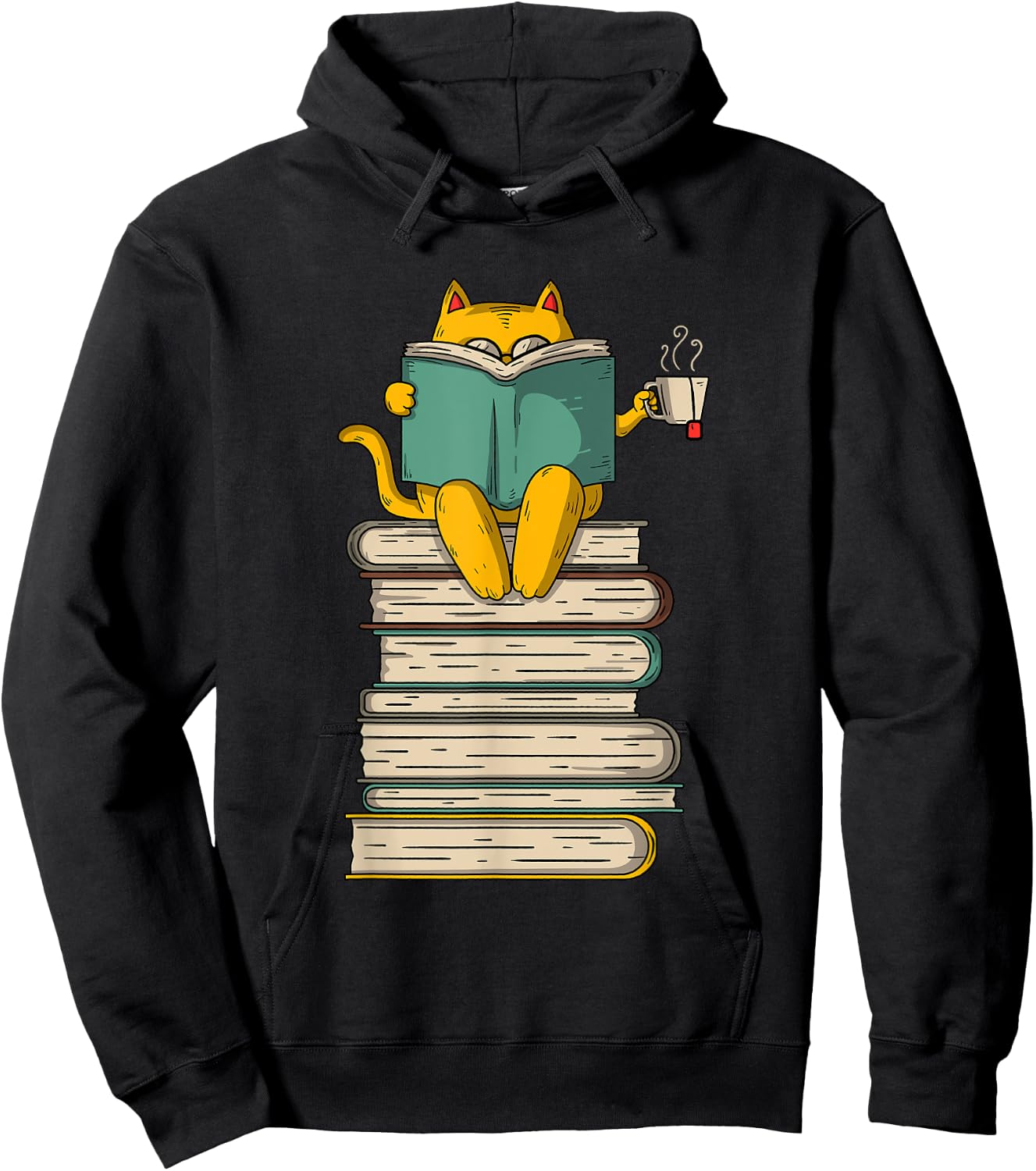Reading Cat - Funny Book & Tea Lover Gift Short Sleeve Hoodie - Hoodie | Black