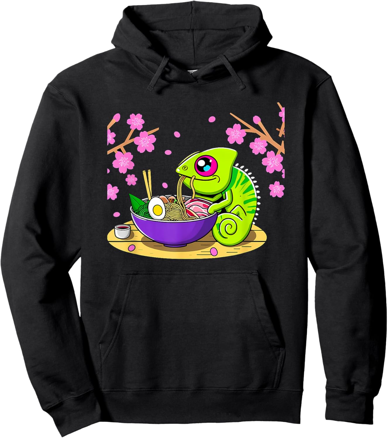 Kawaii Chameleon Eating Ramen Hoodie - Hoodie | Black