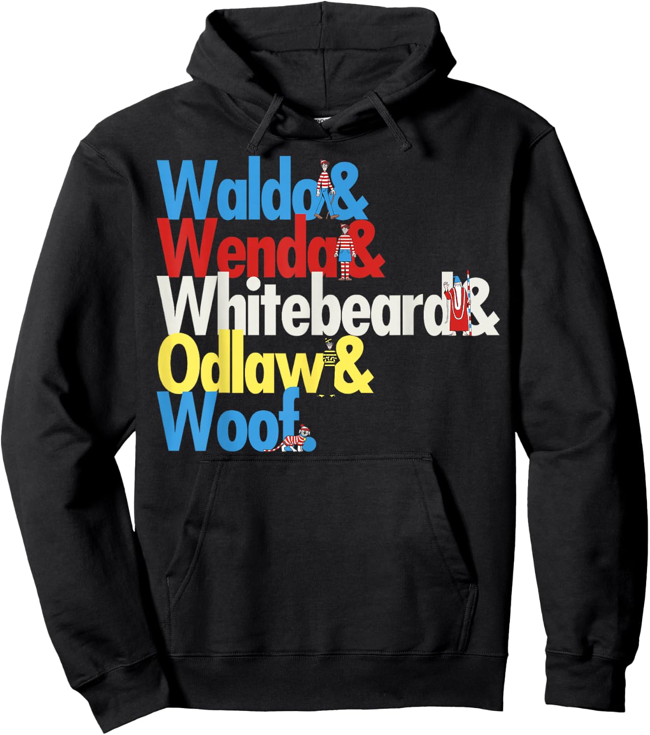Where's Waldo Colorful Character Name Stack Graphic Hoodie - Hoodie | Black