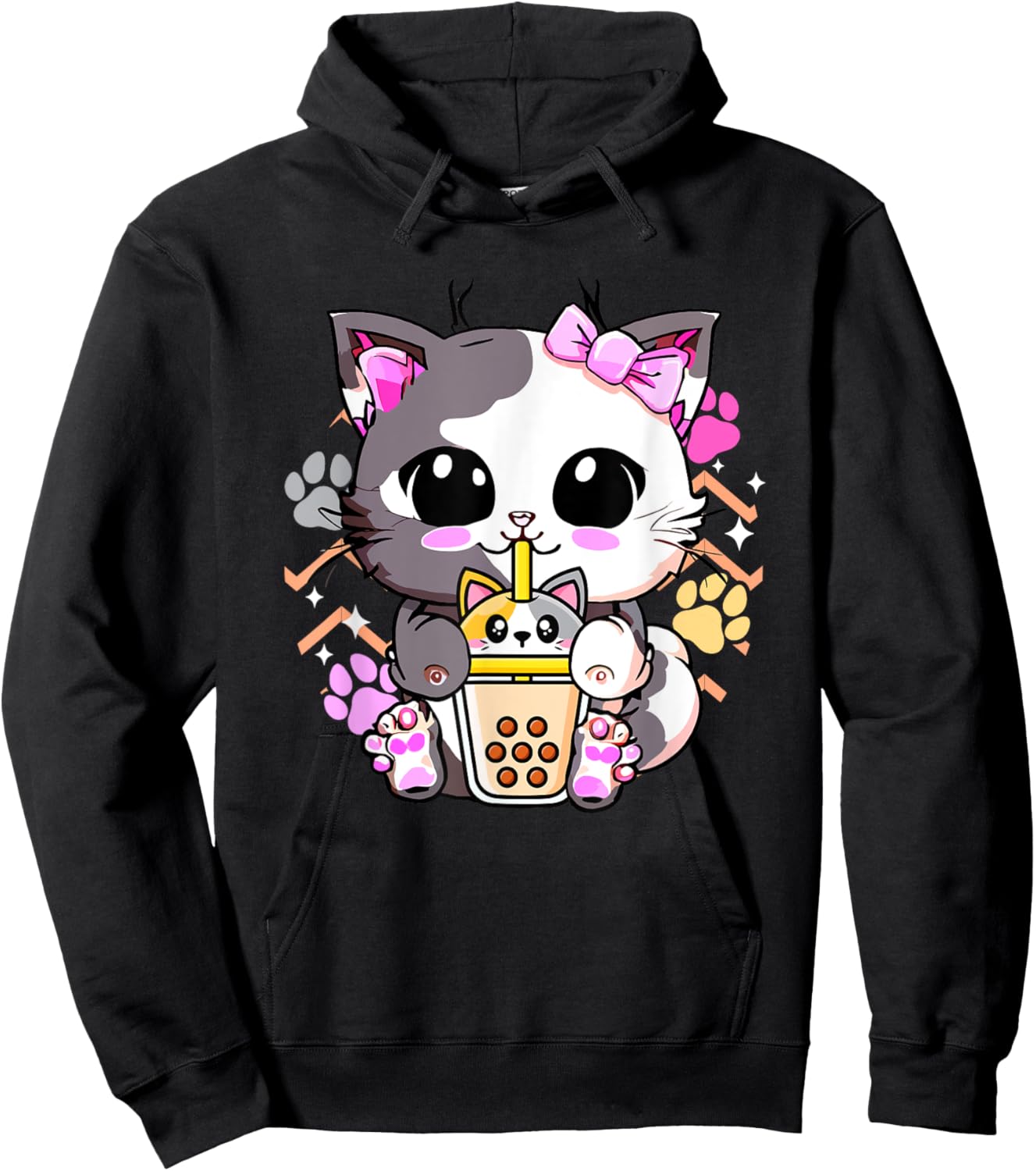 Cute Kawaii Cat Boba Bubble Milk Tea Anime Neko Kitten Hoodie - Hoodie | Black