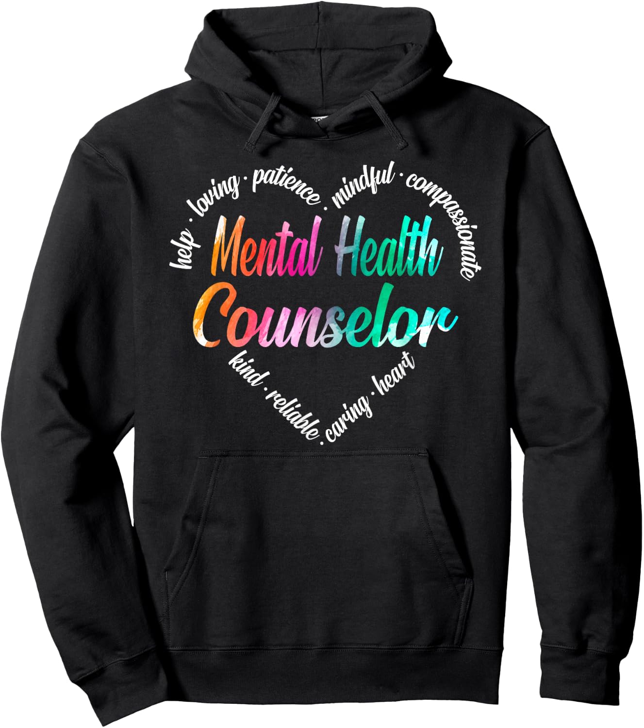 Mental Health Counselor Heart Word Cloud Watercolor Rainbow Hoodie - Hoodie | Black