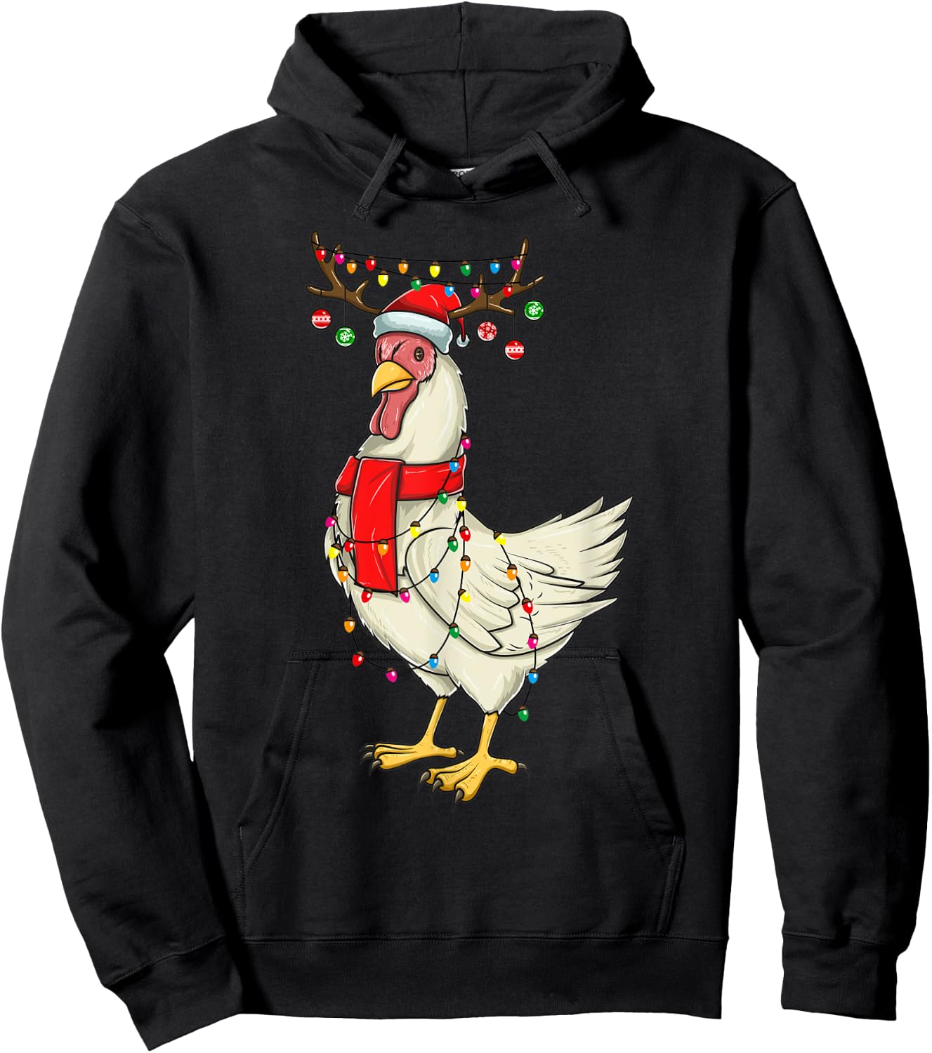 Christmas Chicken Holiday Lights with Antlers and Ornaments Hoodie - Hoodie | Black