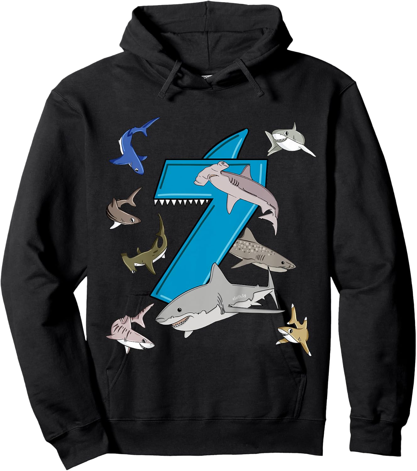 Kids 7th Birthday boys shark white shark Hoodie - Hoodie | Black