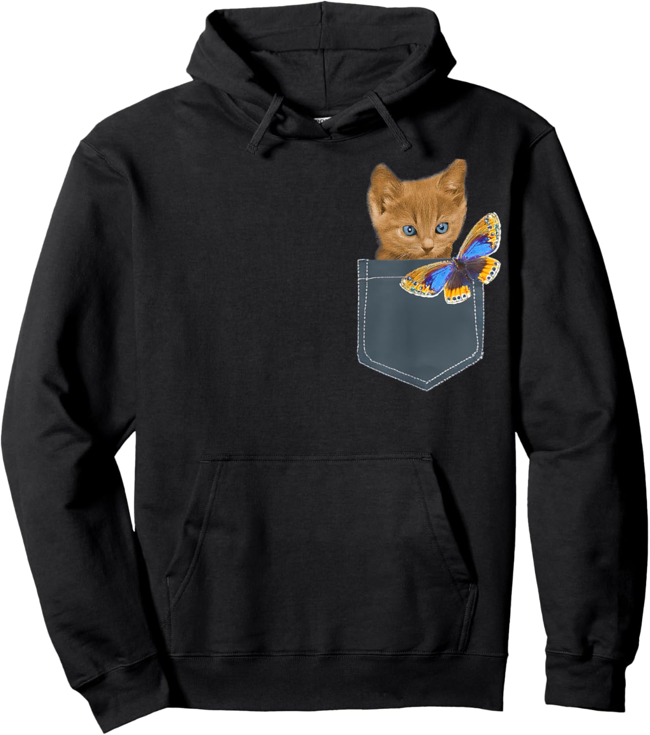 Funny Cat Shirt - Cat in Pocket Looking at a Butterfly Women Girls Kids Hoodie - Hoodie | Black
