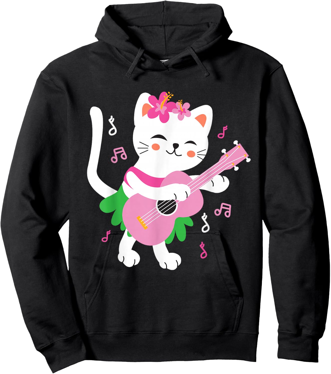 Kids Cat Playing Ukulele Player Hawaiian Musician Hoodie - Hoodie | Black