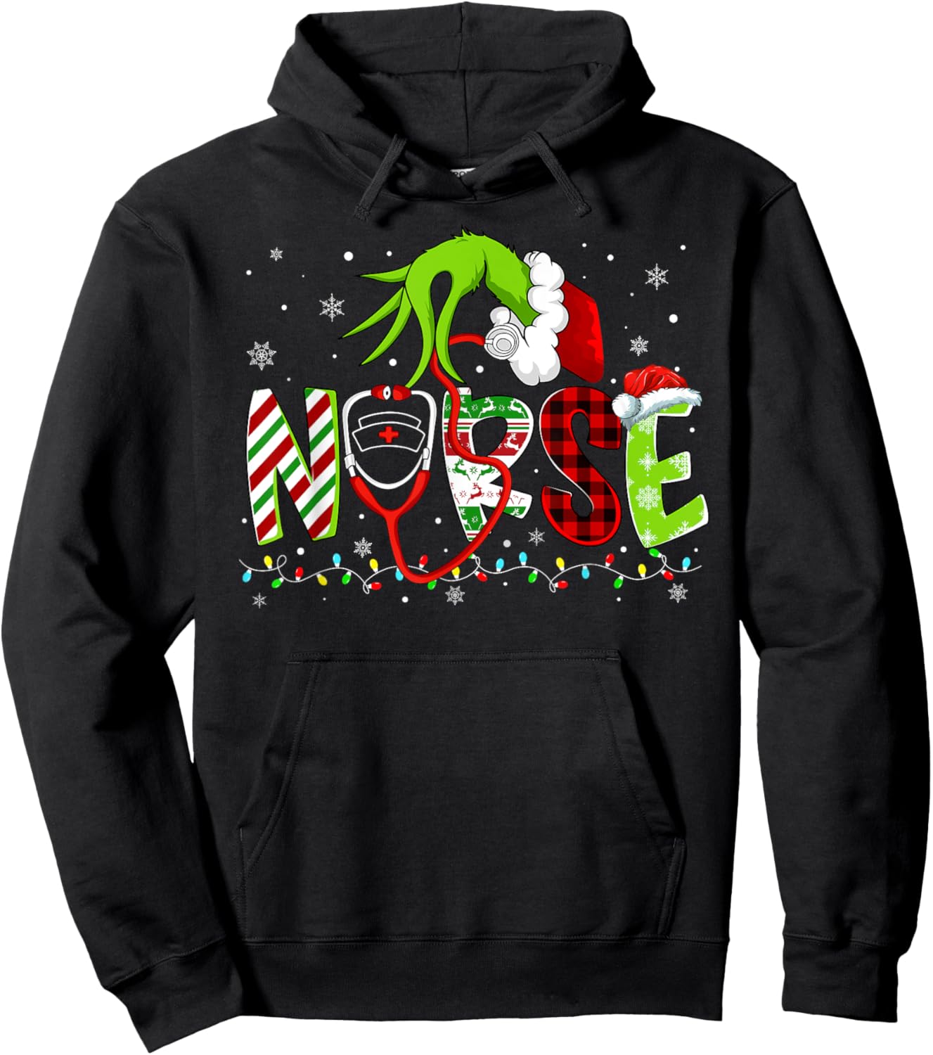 Nurse Funny Merry Christmas Stethoscope Lights Xmas Pajamas Hoodie - Hoodie | Black