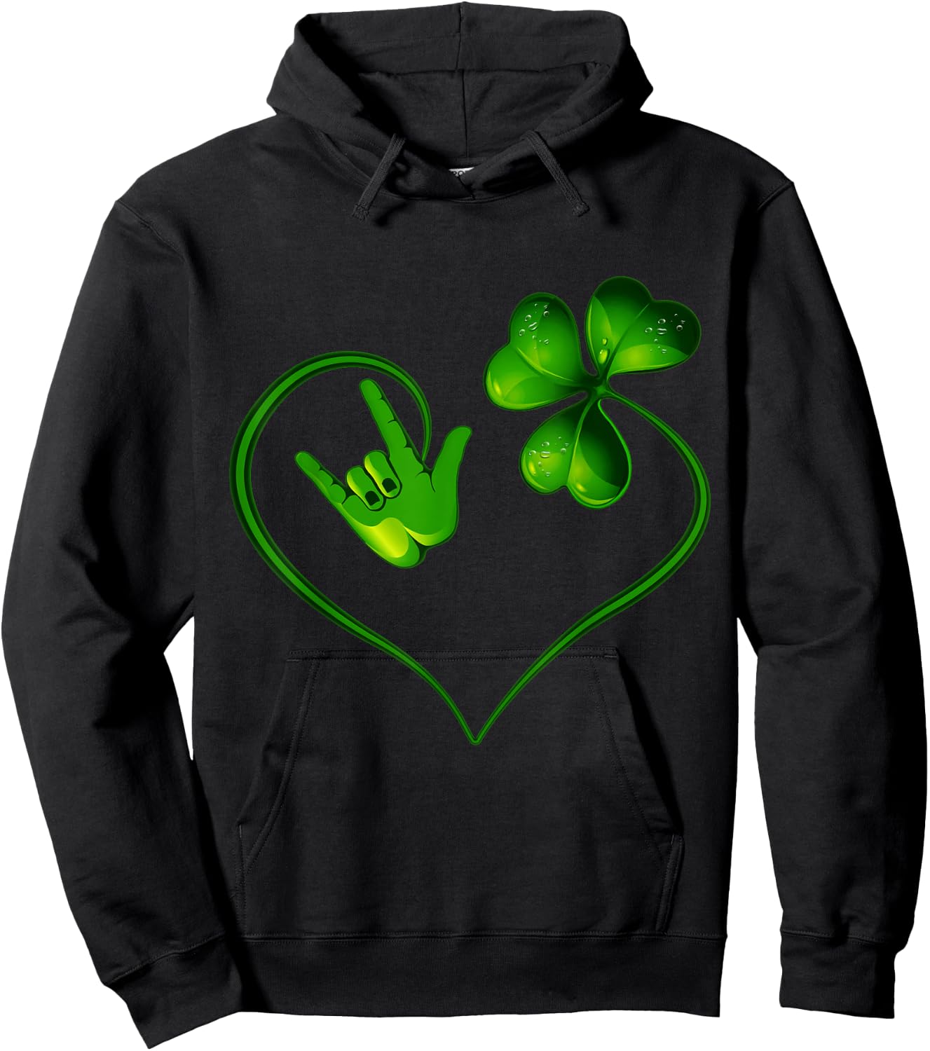 St Patricks Day I Love You ASL Sign Language Green Shamrock Hoodie - Hoodie | Black