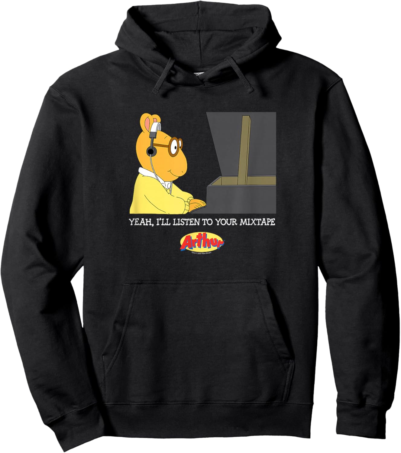 Arthur Adults Black Cartoon , Small, Short Sleeve, , Modern Lightweight, Music, Dance, Casual Hoodie - Hoodie | Black