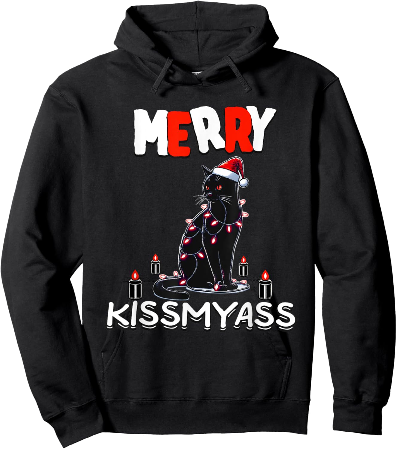 Xmas Christmas Funny Black Cat Merry Kissmyass Hoodie - Hoodie | Black