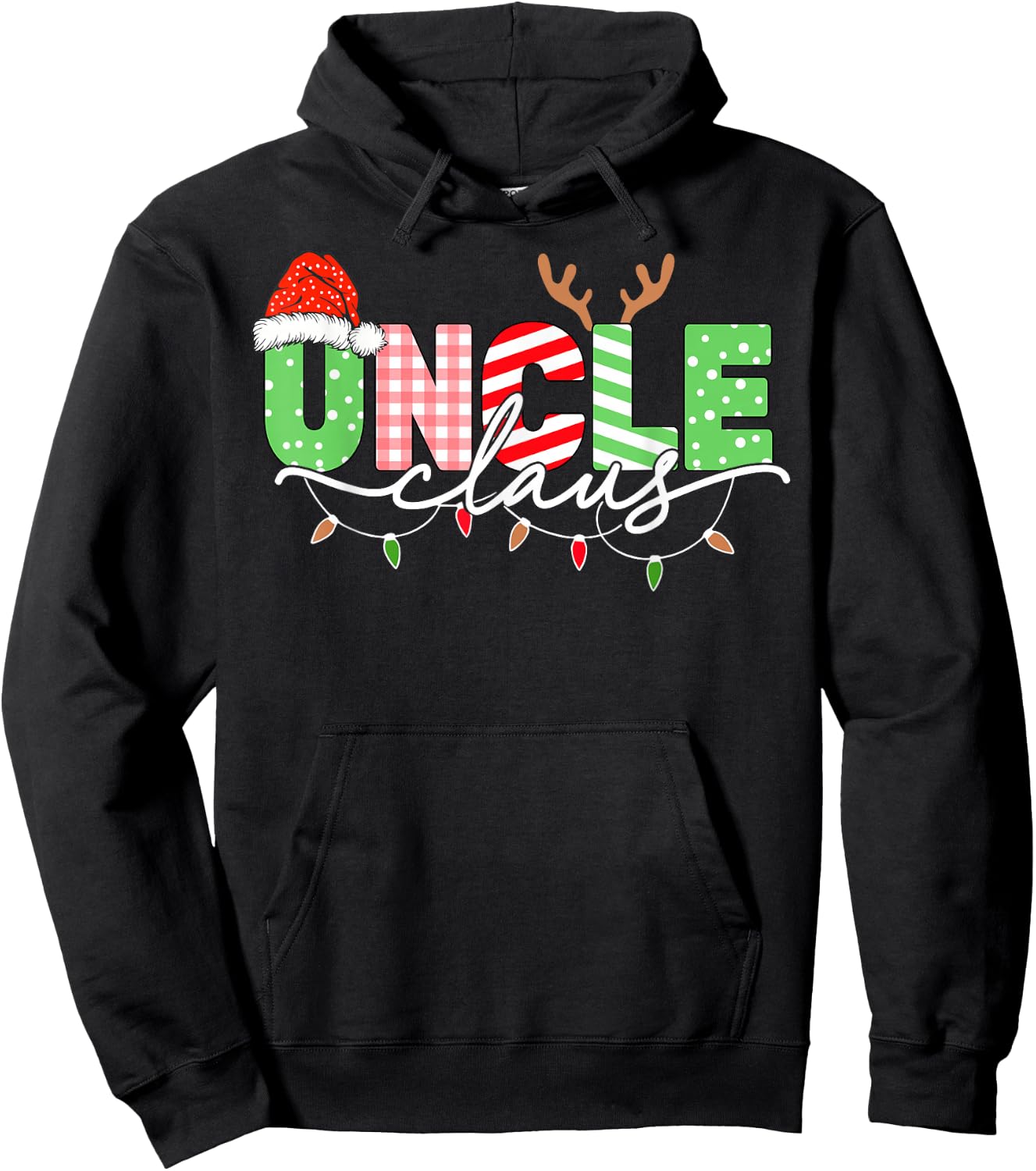 Uncle Claus Christmas Lights Santa Hat Family Matching Hoodie - Hoodie | Black