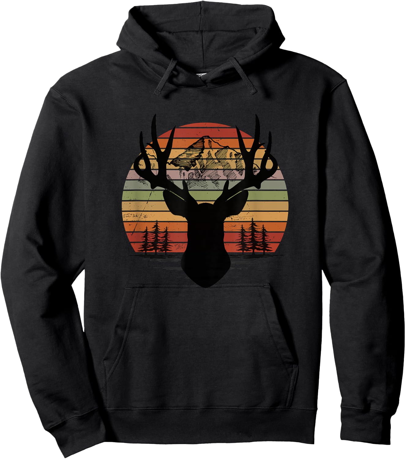 Retro Buck Sunset Deer Mountain Antlers Rustic Stag Elk Hoodie - Hoodie | Black